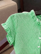 Women's Ruffle Collar Short Sleeve Single-Breasted Striped Shirt, Summer - Emerald Green
