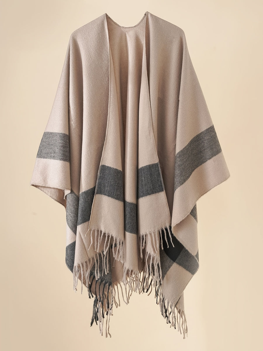Women'S Striped Printed Cardigan Shawl, Bohemian Style Front-Open Jacket Casual Elegant Cape Sweater Suitable for Autumn Winter Evening Parties - Khaki
