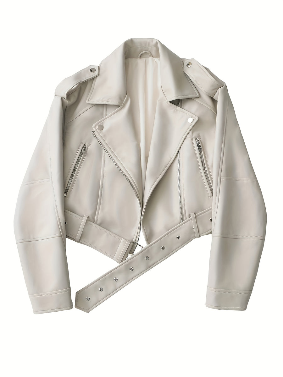 2025 Short Faux Leather Jacket Spring Autumn American Retro Temperament Biker Jacket Top Women'S Clothing - Off-white