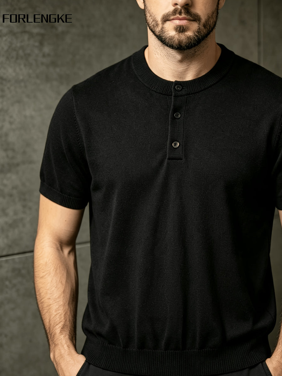 FORLENGKE Men's Summer Henley Neck Knitted Short-Sleeve T-Shirt, Solid Color Vintage Texture, Simple Yet Sophisticated, Summer Minimalist Trendy Versatile Casual Top for Layering or Wearing Alone - Black