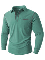KJ-P029 Men's Long Sleeve Henley Shirt with Contrast Color Placket and Pocket Design, Stretchy, Comfortable, and Casual Polo for Daily Commuting Wear - Green