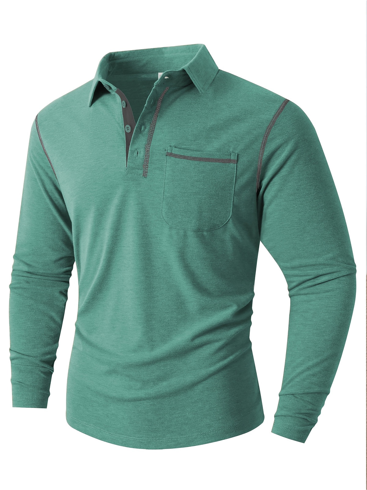 KJ-P029 Men's Long Sleeve Henley Shirt with Contrast Color Placket and Pocket Design, Stretchy, Comfortable, and Casual Polo for Daily Commuting Wear - Green