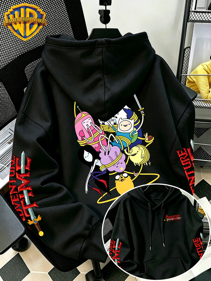 Adventure Time Full Character Wrap Group Cartoon Pattern Print Hooded Sweatshirt - Men'S Casual All-Match Pullover, Comfortable Autumn/Winter Wear, for Sports, Outdoors, Picnics, Travel, Daily/Commute/Home Choice - Black