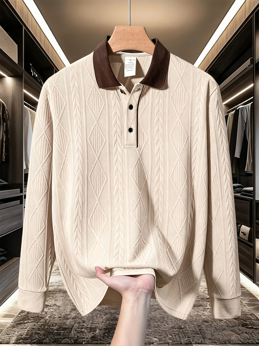 Men'S Fashion Long Sleeve Polo Shirt | Premium Contrast Collar Jacquard Design T-Shirt | Essential Golf Polo Wear | Breathable Warm And Skin-Friendly Comfort | Indoor Gatherings And Outdoor Sports | Wardrobe Essential Casual Vacation Trendy Style | - Apricot
