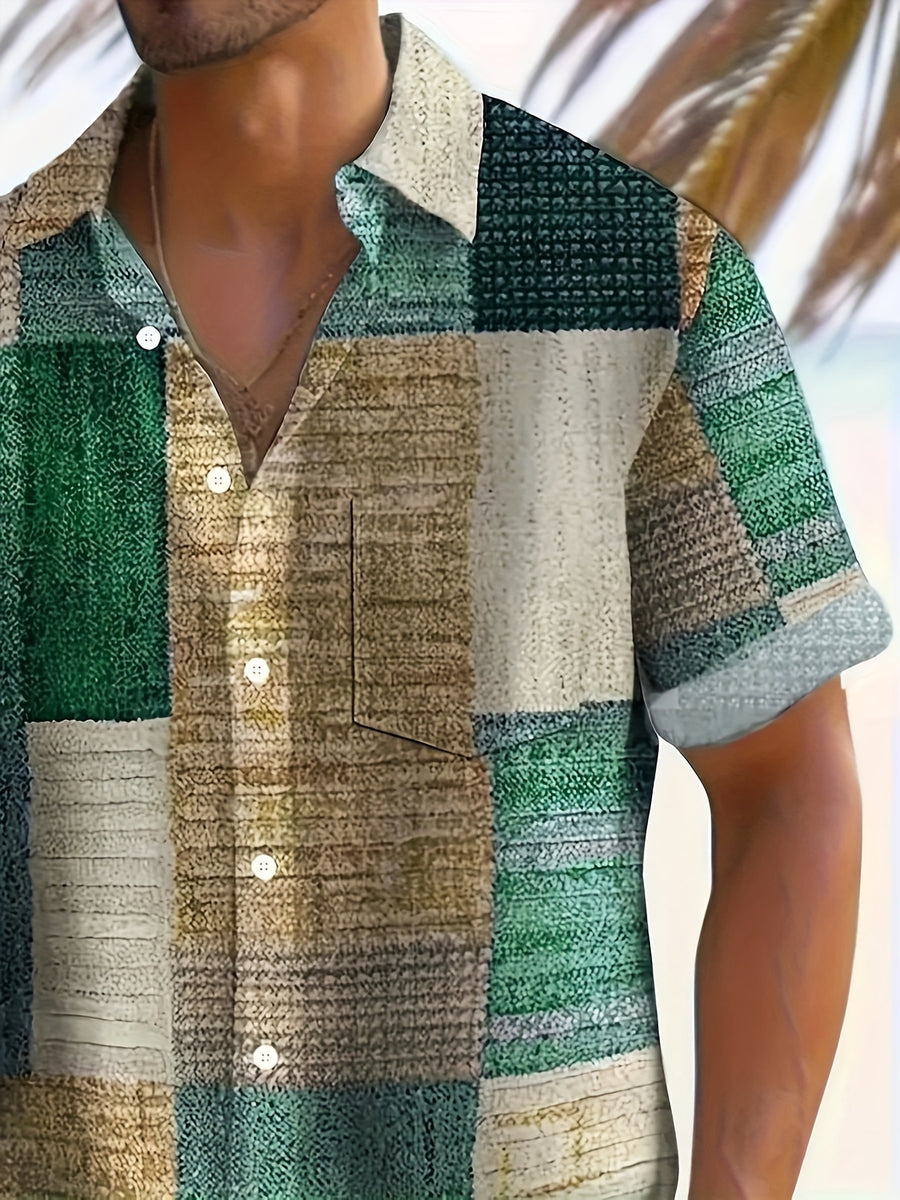 Men'S Vintage Geometric Pattern Short Sleeve Button Up Casual Shirt with Pocket, Fashion Top for Outdoor Activities Holiday As Gifts - Green