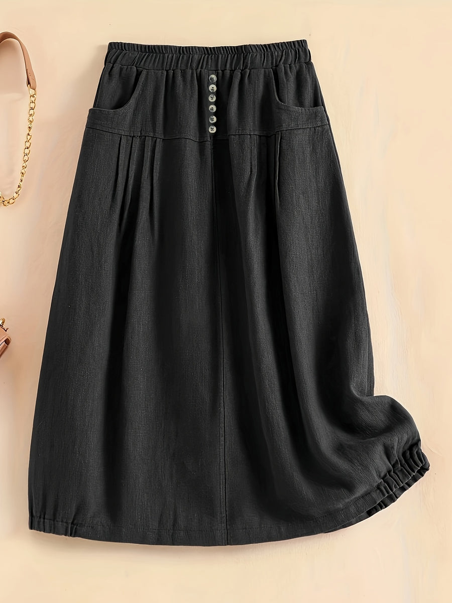 New Spring Summer Autumn Thin Korean Style Linen Loose Half Skirt with Pockets, Elastic Waist Linen Dress, Mid-Length Lantern Hem Women'S Skirt - Black