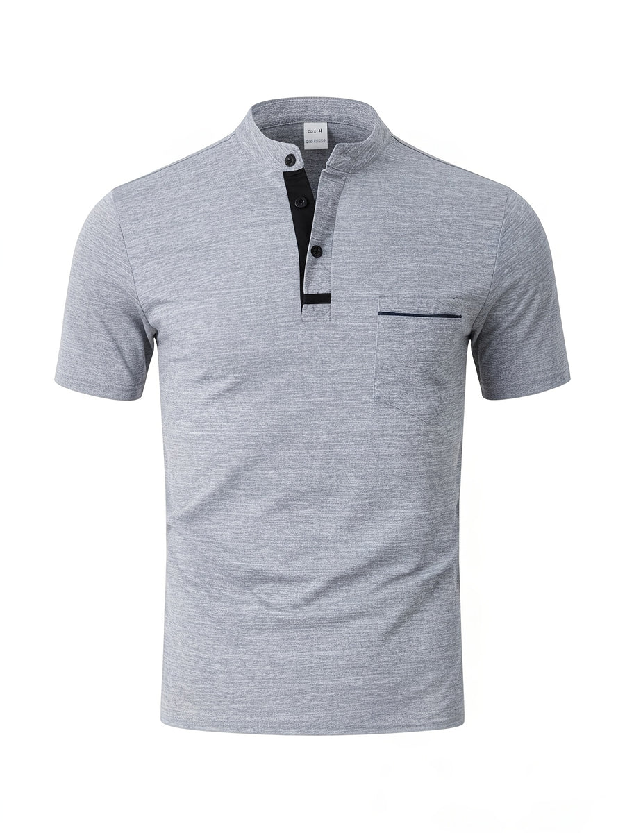 [Josh May OBM] 4pcs Set, Solid Color Stand-Up Collar Henley Shirts, Breathable Quick-Dry Casual Shirts, Lightweight Stretch, No Ironing Required, Durable And Wearable, Button-Up Design, Suitable for Summer Office, Yacht Wear, Casual Attire - White+Gray+Sea Blue+Light Blue