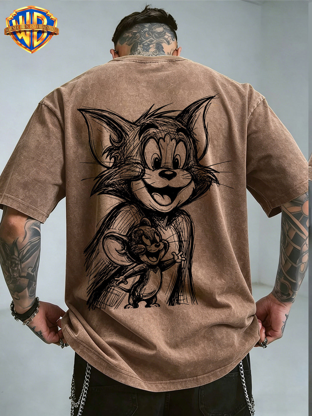 Officially Licensed Warner Bros. Classic Animation Graphic T-Shirt with Sketch-Style Print And Washed, Vintage-Look End; Versatile, Comfortable 100% Men'S Summer Tee Suitable for Outdoor Wear And Workouts - Coffee Brown