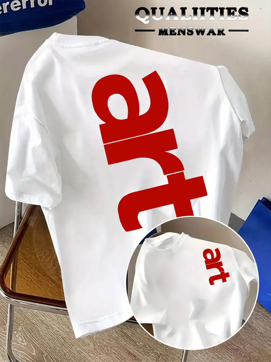 Men'S Fashion Short Sleeve T-Shirt, Minimalist Red Letter Pattern Print, Casual Regular Knit Tee, Suitable for Daily Wear, Couple Style, Unisex, Summer New Arrival, Versatile Style - White