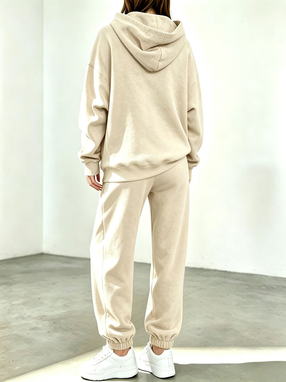 Autumn Winter Trendy Fashion Hooded Drawstring Sweatshirt And Jogger Pants Women'S Set, Hooded Drawstring Design, Front Kangaroo Pocket on Sweatshirt, Comfortable Wear for Cold Weather, Classic Silhouette, Comfortable Fit - Apricot2