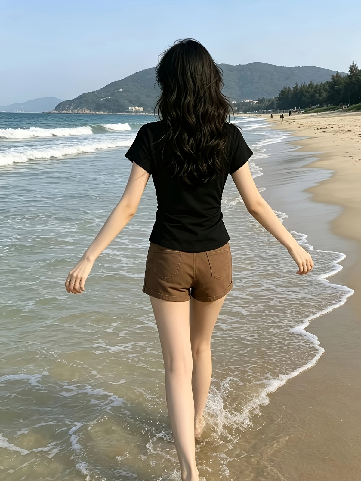 Solid Color Slim Fit Round Neck Short-Sleeved T-Shirt Women'S Summer New Pure Desire Style Outfit Basic Versatile Easy Top - Black