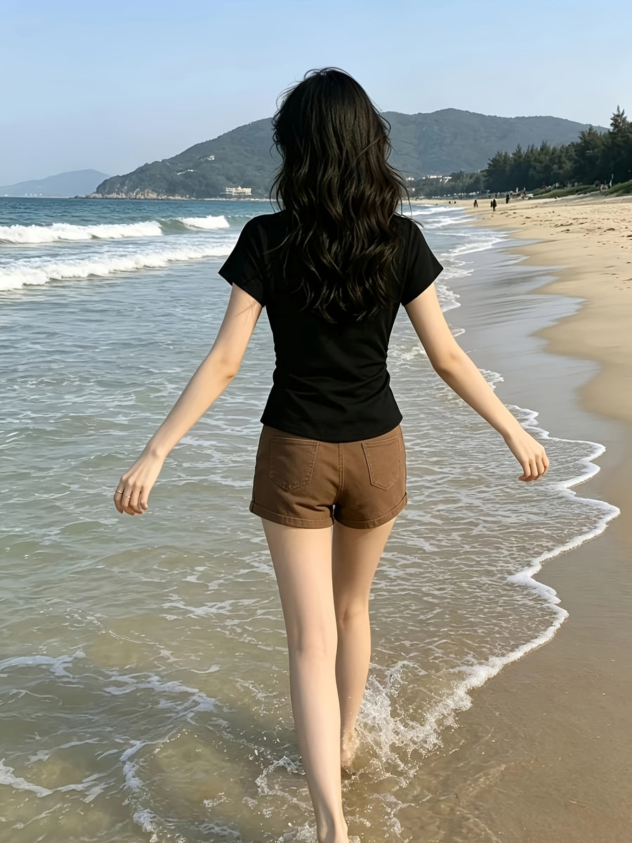 Solid Color Slim Fit Round Neck Short-Sleeved T-Shirt Women'S Summer New Pure Desire Style Outfit Basic Versatile Easy Top - Black