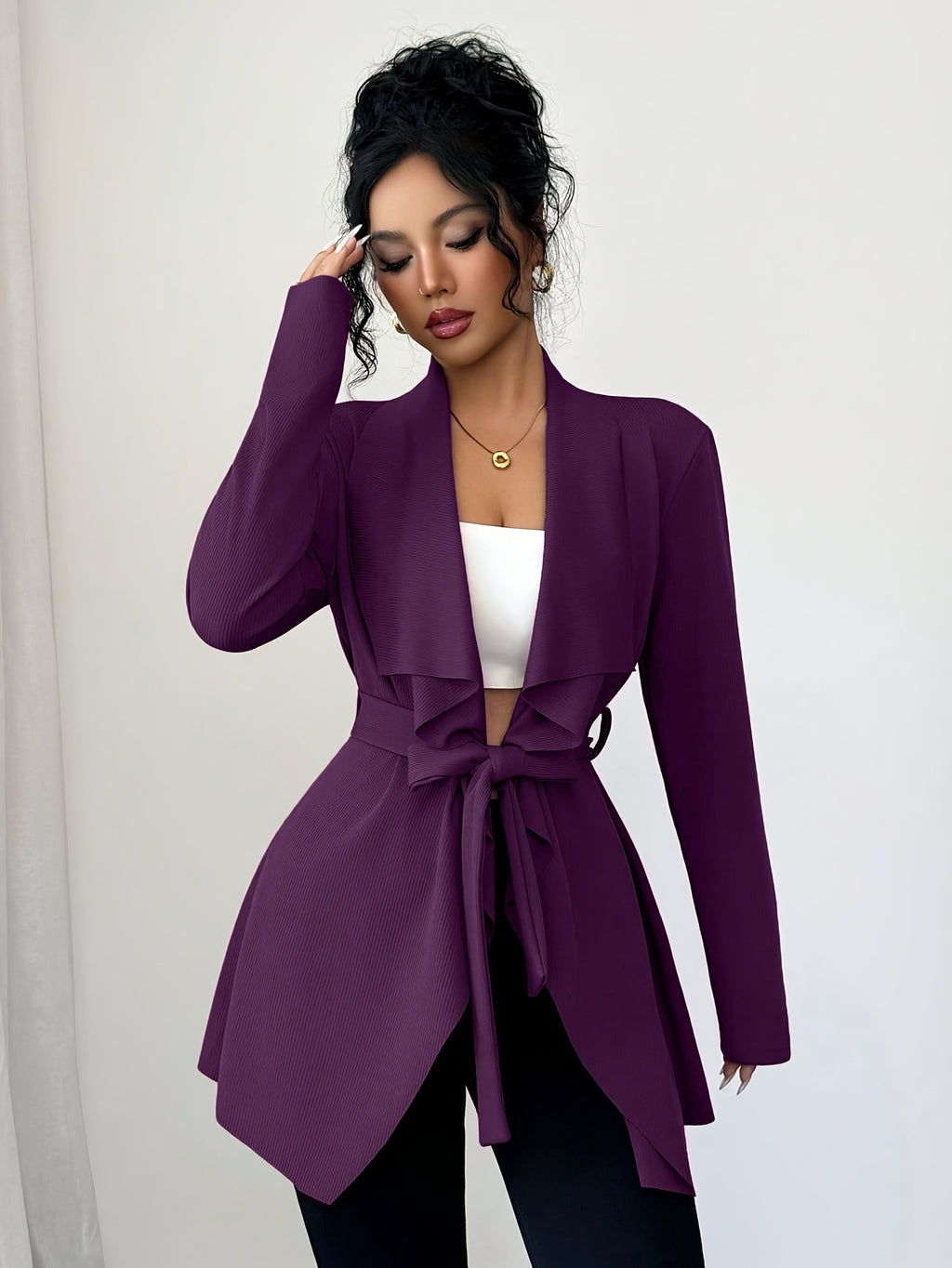New Women's Spring/Autumn Elegant and Fashionable Commuter Long-Sleeve Textured Lapel Cardigan with Belted Waist, Thin Outerwear - Deep Purple