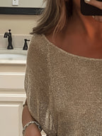 European and American Style Shimmering Sheer Top for Women: Tulle Off-Shoulder Short Sleeve Shirt, Summer Shimmering Top, Gavin - Khaki