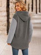 Fashionable Women's Hooded Long-Sleeve Sweatshirt in Solid Color with Fun Letter Print, Warm Mid-Length Split Loose Fit Top for Home, Daily Outings, Shopping, Cafes, Dates, and Casual Wear - Grey