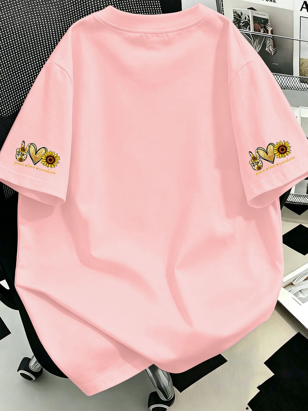 Plus Size, Plus-size Sunflower Print Round-neck Women's Casual Short-sleeve T-shirt, Suitable for Summer Vacations, Casual and Comfortable - Pink Color