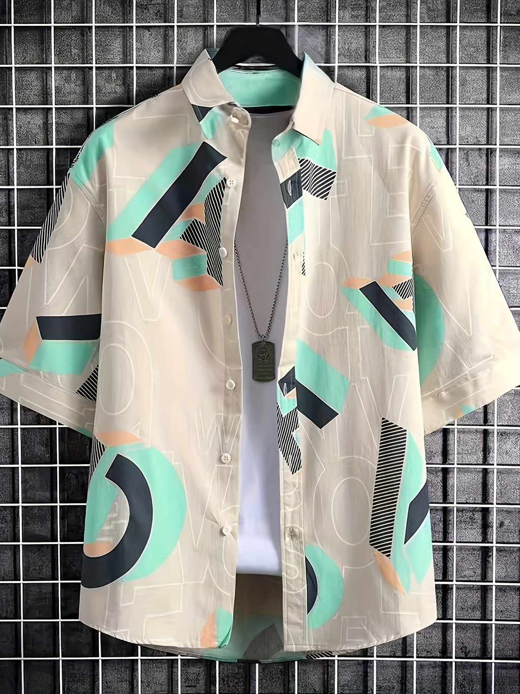 Men's Streetwear Brand Color-Block Geometric Letter Print Short-Sleeve Shirt, Summer Loose Fit Casual Seaside Vacation Shirt, Light Luxury Large Letter Geometric Pattern Loose Thin Versatile Top - Mixed colors