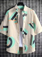 Men's Streetwear Brand Color-Block Geometric Letter Print Short-Sleeve Shirt, Summer Loose Fit Casual Seaside Vacation Shirt, Light Luxury Large Letter Geometric Pattern Loose Thin Versatile Top - Mixed colors