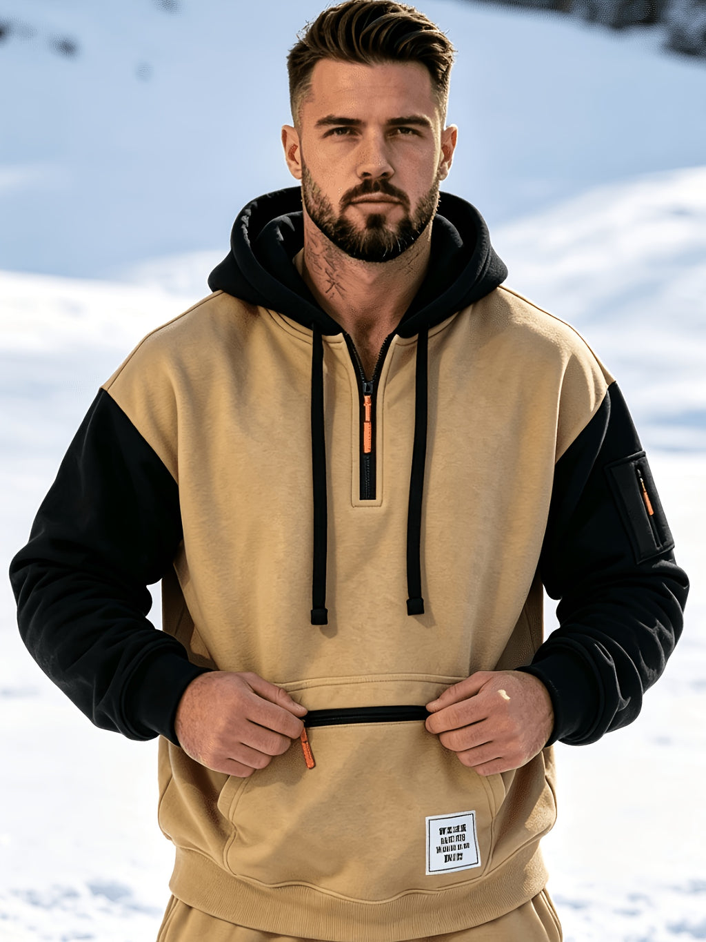 Men'S Fashion Color-Block Pullover Sweatshirt Jacket, Men'S Casual Zipper-Decorated Half-Open Cardigan Sweatshirt Top - Khaki