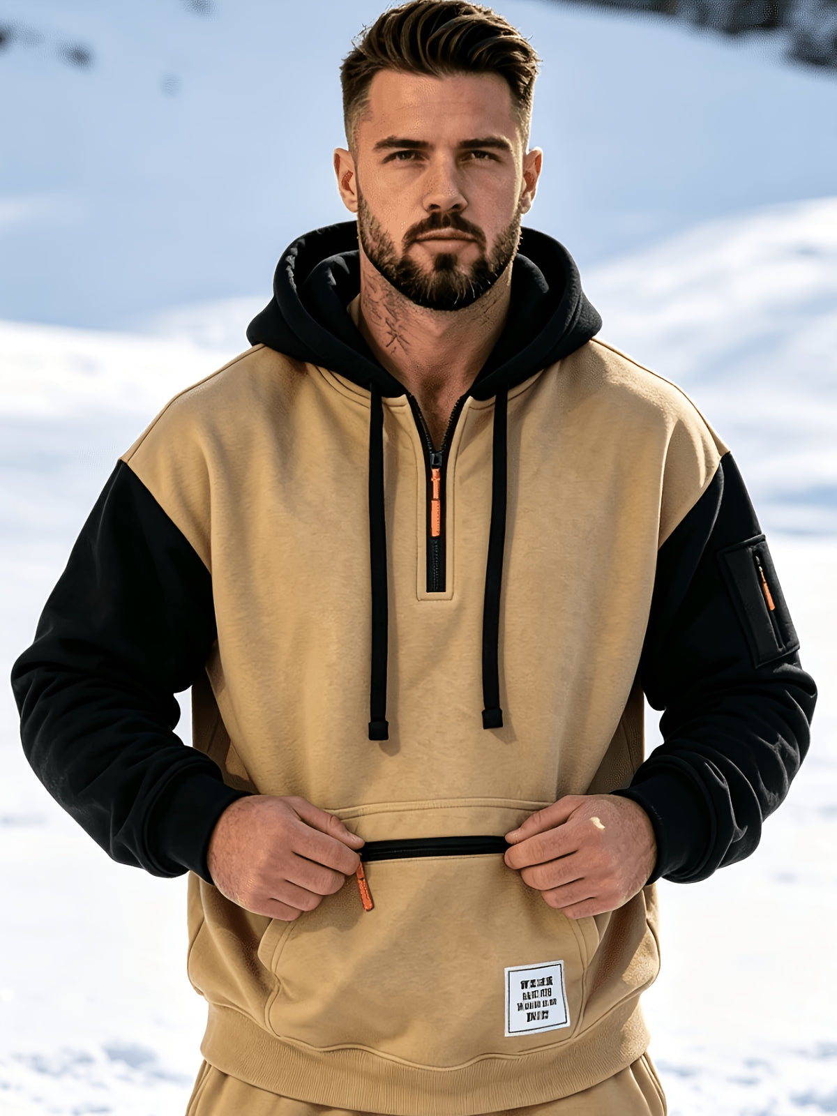 Men'S Fashion Color-Block Pullover Sweatshirt Jacket, Men'S Casual Zipper-Decorated Half-Open Cardigan Sweatshirt Top - Khaki