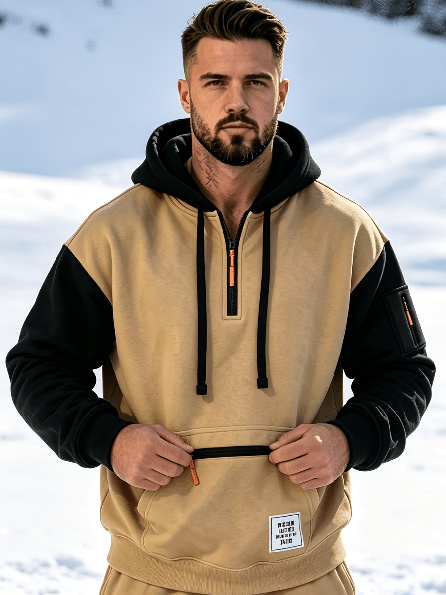 Men'S Fashion Color-Block Pullover Sweatshirt Jacket, Men'S Casual Zipper-Decorated Half-Open Cardigan Sweatshirt Top - Khaki