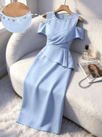 Spring Summer New Mid-Length Dress Blue Round Neck And Rhinestone Embellishment Women'S Top Dress Elegant Evening Gown Party Dress Social Commute Dress - Sky Blue