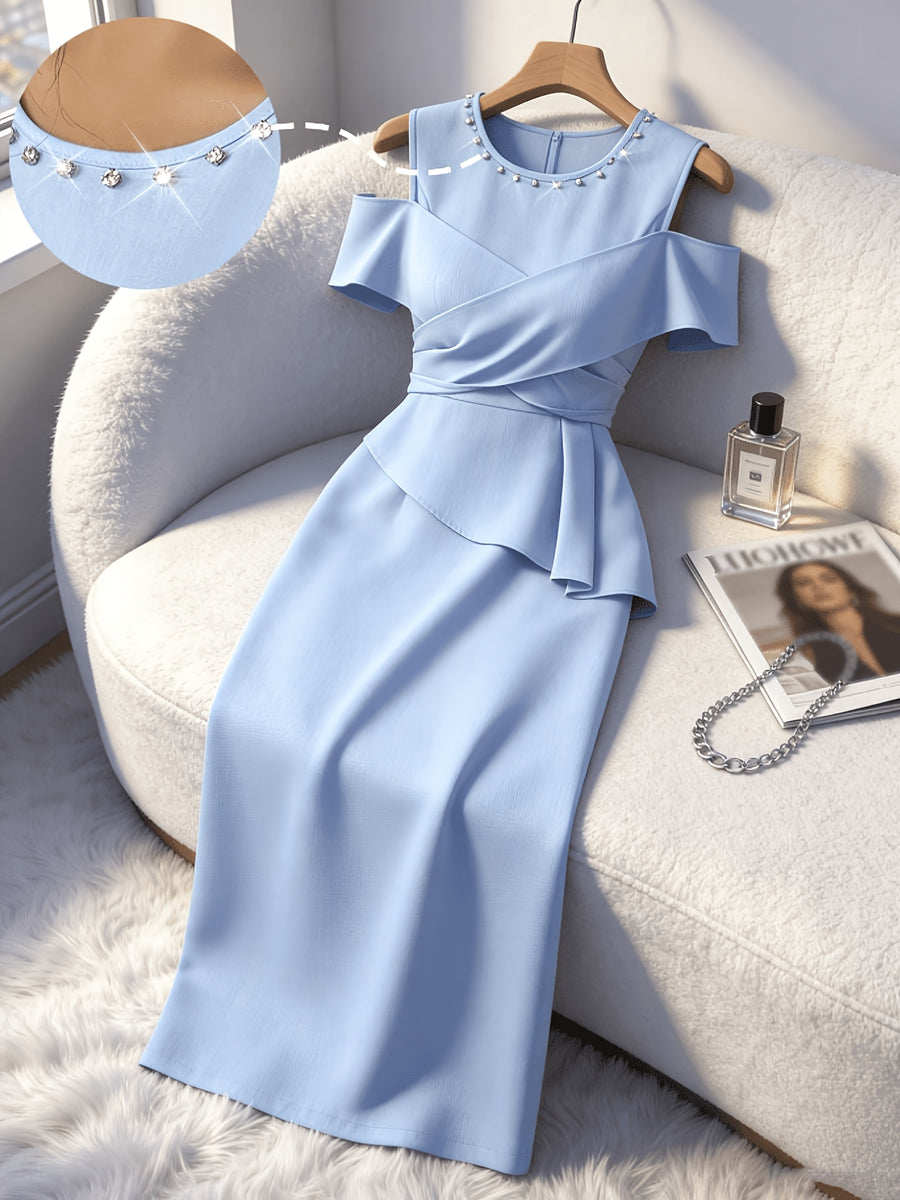 Spring Summer New Mid-Length Dress Blue Round Neck And Rhinestone Embellishment Women'S Top Dress Elegant Evening Gown Party Dress Social Commute Dress - Sky Blue
