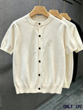 Men's Knitted Cardigan, In-Stock, High-End, Soft and Supple, Minimalist Round Neck Short Sleeve, Versatile for Summer Commuting and Casual Wear - Apricot