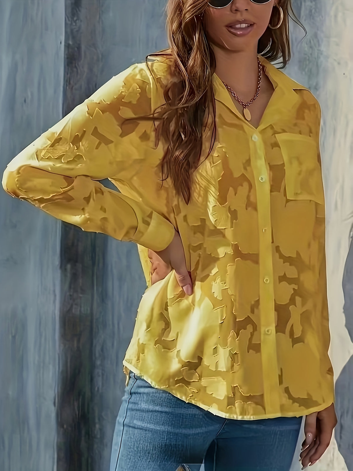 Elegant Women's Blouse, Long-sleeve Jacquard Top, 100% Polyester Solid Color, Button Details, Fabric, Suitable for Spring, Summer, and Autumn - Lemon Yellow