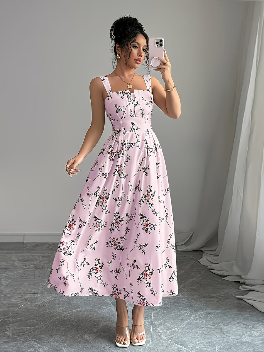 Women's Vintage Square Neck White Floral Print Camisole Dress, Featuring a Effect, Vintage Elegant Vacation Style, Suitable for Summer Dates and Casual Wear in Spring and Summer. Machine Washable - Pink