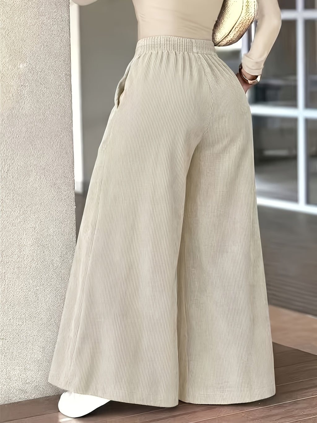 Plus Size, Women's Plus-Size Corduroy Wide-Leg Trousers with Elastic Waist & Pocket Design - Corduroy Pants Suitable for Fall/Winter, Elegant Solid Color Professional/Casual Wear, Wide-Legged Bottoms for Blouses - Apricot