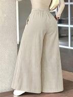 Plus Size, Women's Plus-Size Corduroy Wide-Leg Trousers with Elastic Waist & Pocket Design - Corduroy Pants Suitable for Fall/Winter, Elegant Solid Color Professional/Casual Wear, Wide-Legged Bottoms for Blouses - Apricot