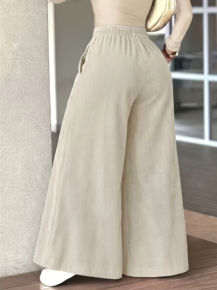 Plus Size, Women's Plus-Size Corduroy Wide-Leg Trousers with Elastic Waist & Pocket Design - Corduroy Pants Suitable for Fall/Winter, Elegant Solid Color Professional/Casual Wear, Wide-Legged Bottoms for Blouses - Apricot