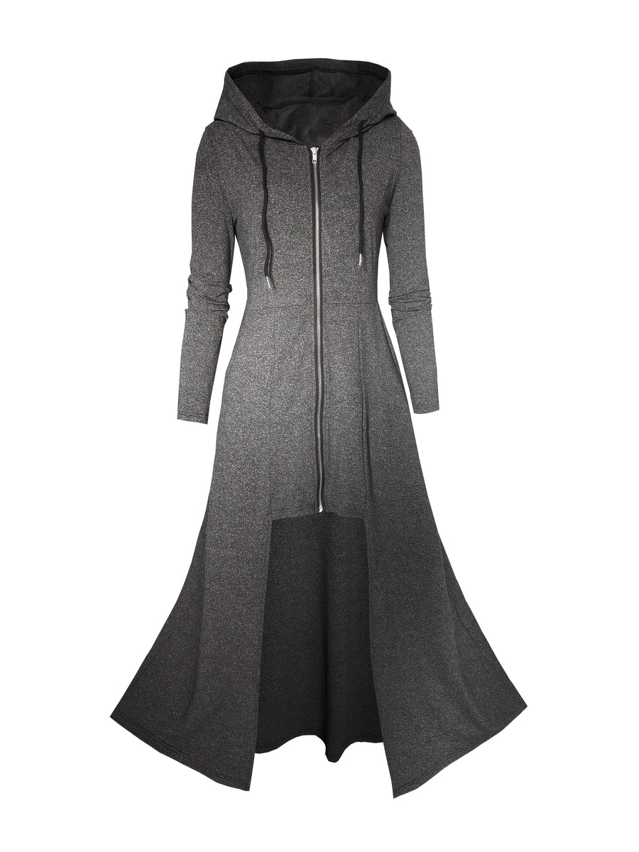 Gothic Ultra-Long Tailcoat Cardigan with Zipper And Hood, Pockets Included, Long Length Hooded Openable Zipper Jacket, Mysterious Ghost Coat, Enigmatic Hooded Ultra-Long Coat - Grey