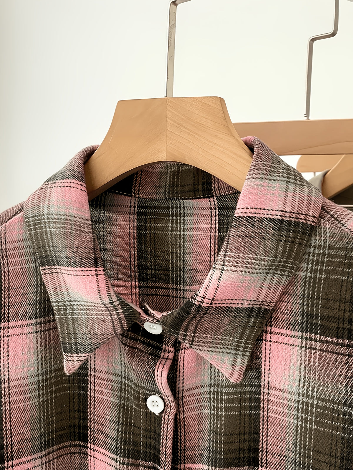Women'S Shirt Multicolor Brushed Checkered Shirt Loose Top - Peach