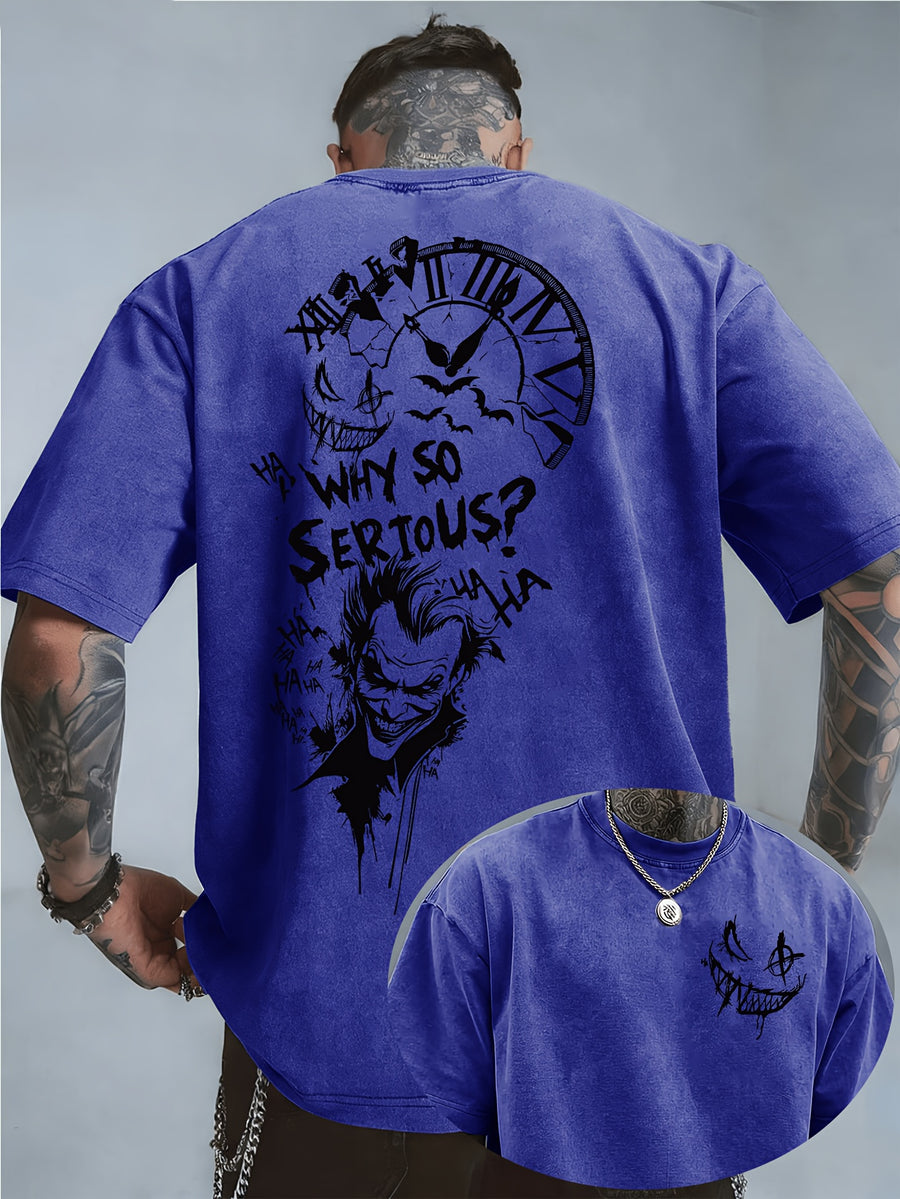 Licensed by WB Warner, Men'S Retro Old 100% Washed Crew Neck T-Shirt, DC Batman Joker Why So Serious Sketch Graffiti Design, Loose Version, Men'S Casual Versatile Loose T-Shirt, Suitable for Daily Wear Outdoor Sports - Royal Blue