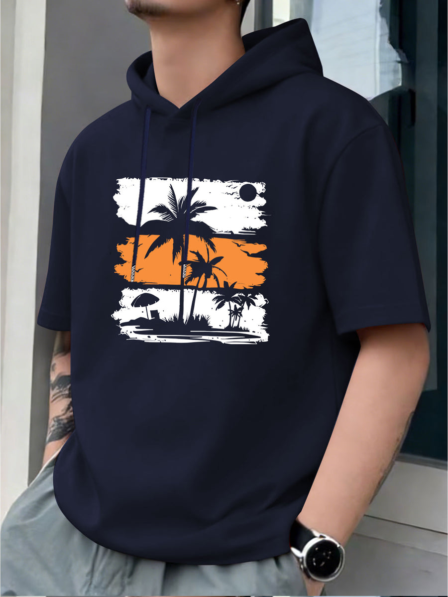 Men's Hooded T-Shirt, Coconut Tree Sunset Print Hoodie, Vacation Casual Style, Summer Outfit, Casual Short-Sleeve Hooded T-Shirt, Summer Outdoor Casual Short-Sleeve, Vintage Fashion Trend, Spring-Summer Vacation Outdoor Wear, Suitable for Parties - Navy Color
