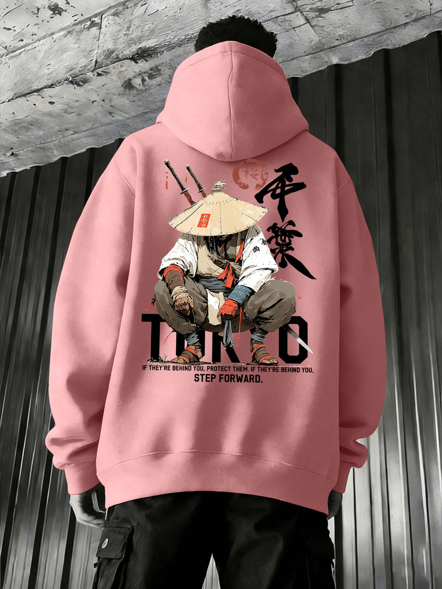 Men'S Japanese Samurai Kendo Warrior Hooded Sweatshirt | Casual Hooded, Heavy-weight, Slight Stretch Fabric, Geometric-pattern, Perfect for Spring/Fall - Pink Color