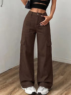 Vintage Coffee Brown High-Waist Multi-Pocket Cargo Casual Pants with Large Two-Dimensional Side Pockets, and Height-Enhancing Women's Casual Cargo Jeans - Coffee Color