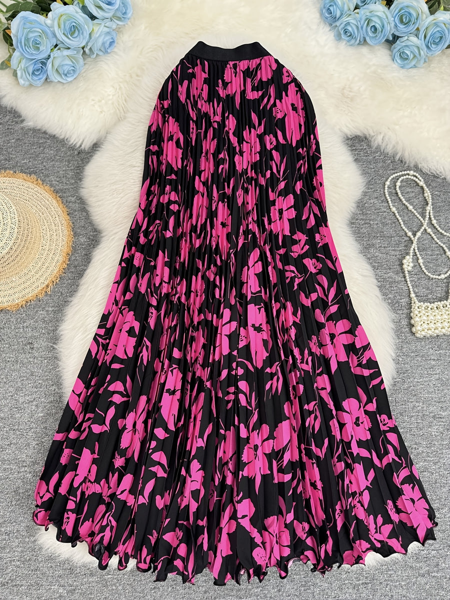 Summer High-End Print Long Dress Pleated Large Swing Skirt - Red