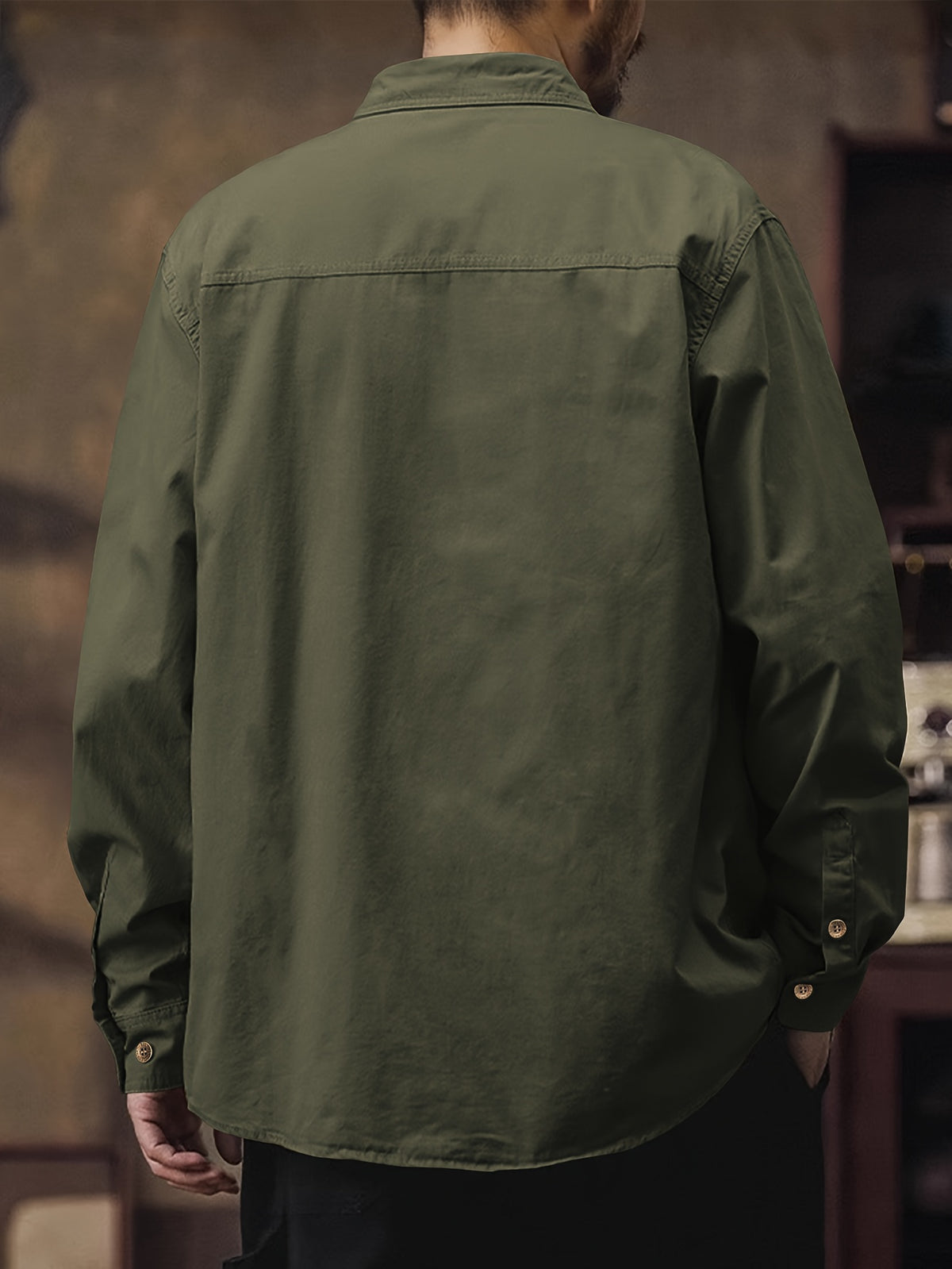 Men's Workwear Long-Sleeve Shirt, American-Style Spring/Autumn Multi-Pocket Casual Lightweight Outdoor Turn- Collar Shirt for Young and Middle-Aged Men - fern green