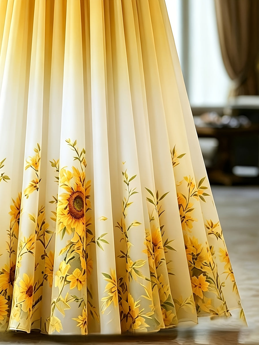 Women'S Printed Mid-Length A-Line Skirt with Layered Tulle Skirt, Suitable for Formal And Semi-Formal Evening Banquets, Wedding Guest Party Dresses, Wearable in All Seasons - Yellow