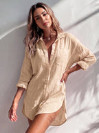 Women'S Solid Color Long Sleeve Mid-Length Shirt, Casual Everyday Wear, Temperament Easy Commute Style, Straight Loose Fit, Comfortable And Breathable Fabric, Seaside Vacation, Home Comfort Wear, Spring Summer Fall Winter All-Season Women'S Shirt - Khaki