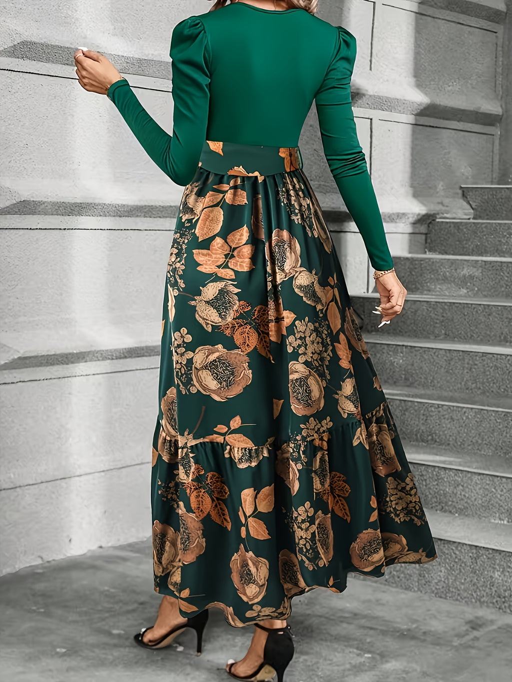 Spring And Autumn Style Women'S Floral Print Puff Sleeve Tie-String Long Sleeve Dress - Dark Green