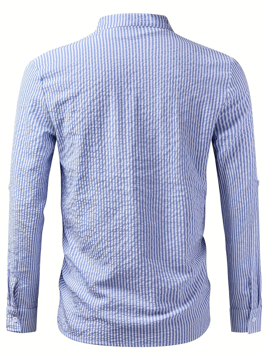 Men's Textured Random Print Blue and White Striped Open Front Single-Breasted Small Lapel Long Sleeve Casual Henry Shirt - Sky Blue