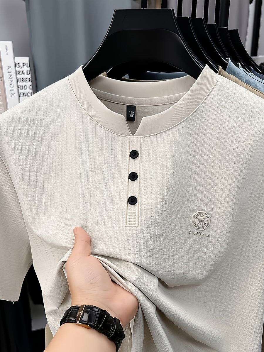 Men's Summer Short-Sleeve Crewneck T-Shirt - Breathable Business Casual Round Neck Base Layer Top, Solid Color Asymmetrical Hem Suitable for Daily Work Wear, Office & Casual Outfits, Machine Washable Light Luxury Style - Ivory White