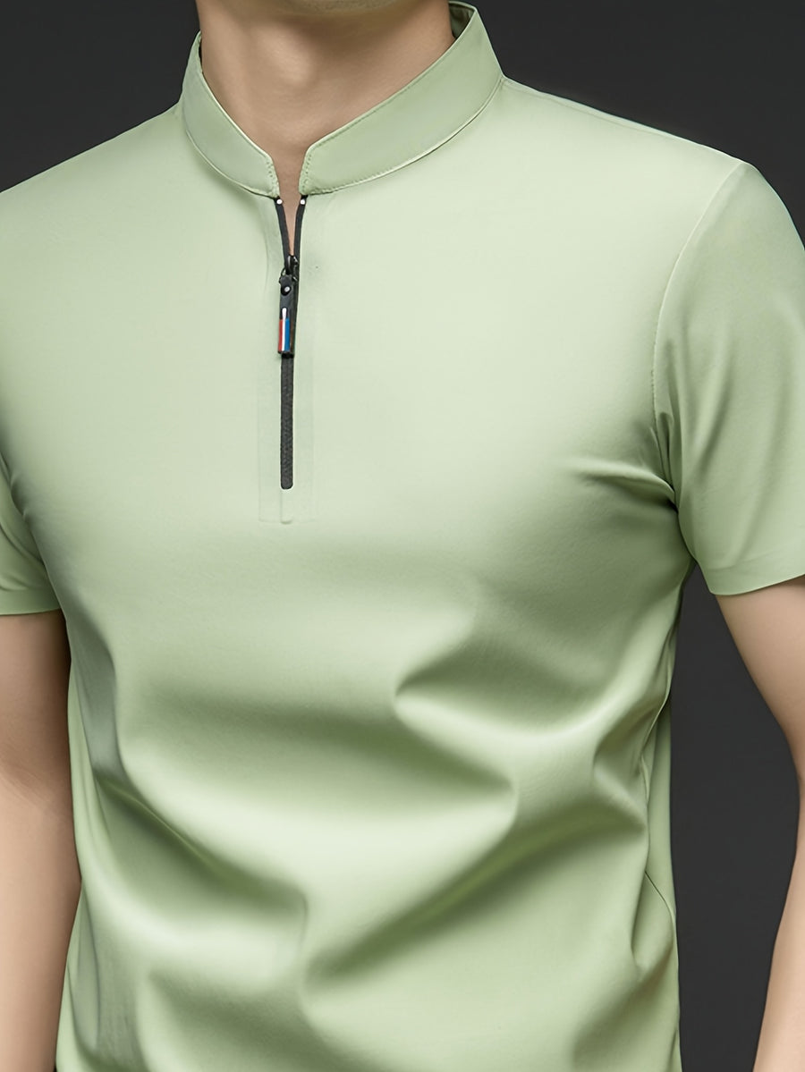Summer Men'S Short Sleeve T-Shirt, Classic Mandarin Collar with Half Zipper, Smooth And Wrinkle-Resistant, Self-Cooling, Good Drape, Essential Top for Daily, Dating, And Light Business - King Neptune Green