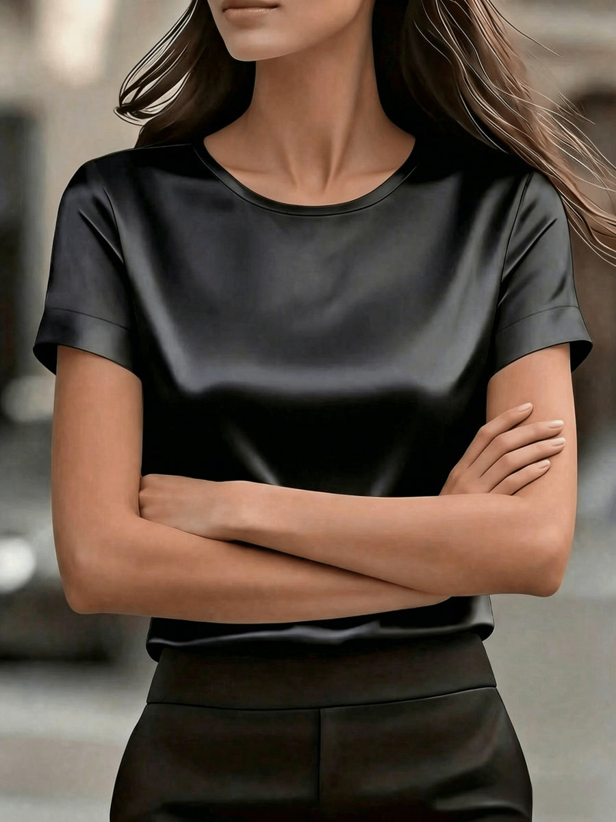 Women's Simple Round Neck Short Sleeve T-Shirt - Satin Texture, Ideal for Mother's Day & Independence Day Commute, Suitable for Spring & Summer Office & Casual Looks, Luxury Style Outfit - Black
