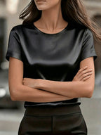 Women's Simple Round Neck Short Sleeve T-Shirt - Satin Texture, Ideal for Mother's Day & Independence Day Commute, Suitable for Spring & Summer Office & Casual Looks, Luxury Style Outfit - Black