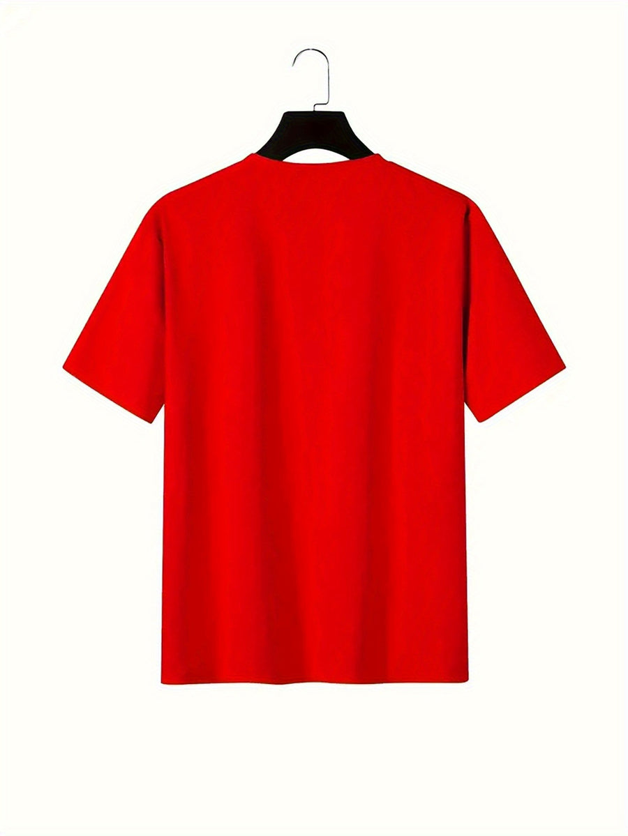 Men'S Casual Classic Sleeve Print T-Shirt with Text, Round Neck Comfortable Polyester Fabric, Stylish Streetwear for Daily Wear, Men'S Fashion - Red